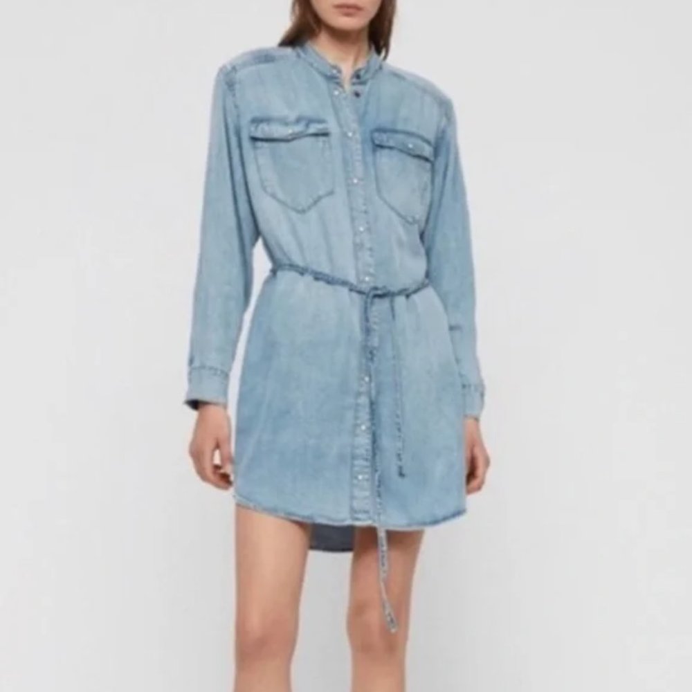 All Saints Light Blue Denim Long Sleeve Shirt Dress